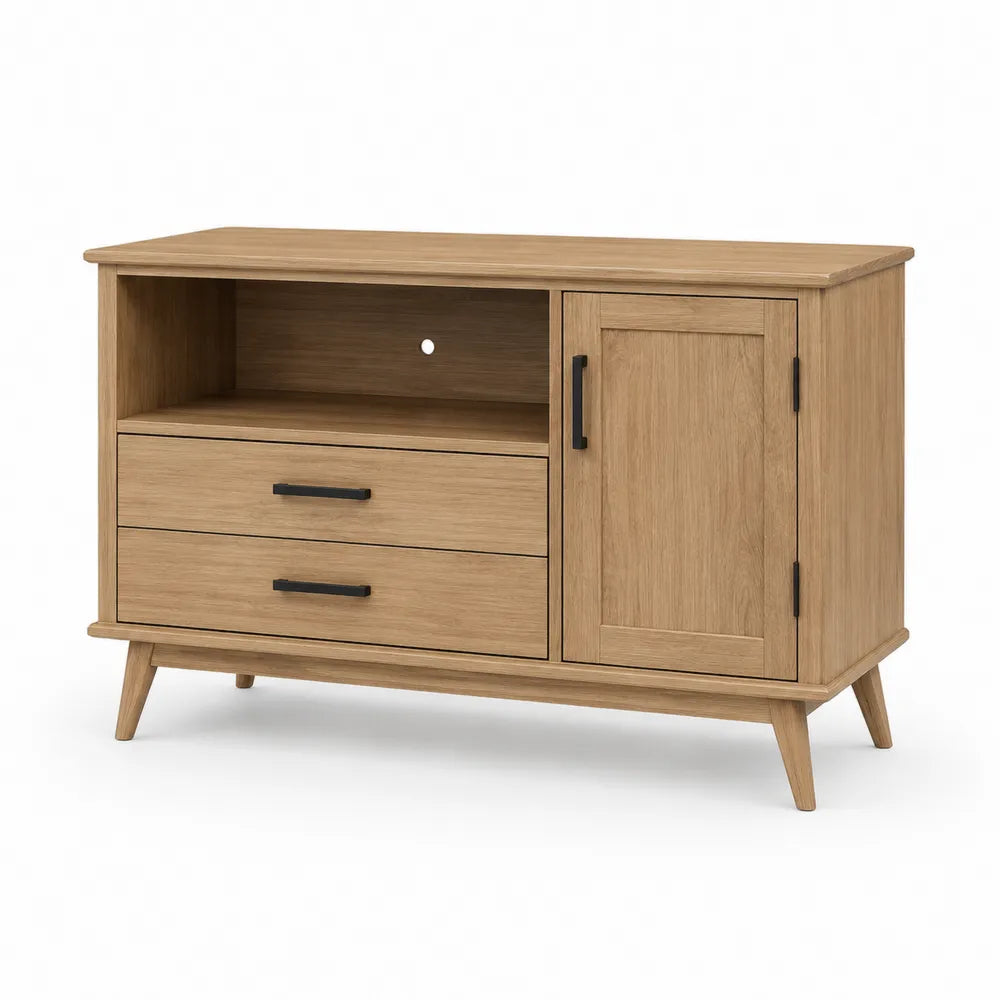 Meuble bas en bois avec tiroirs et porte en chêne clair