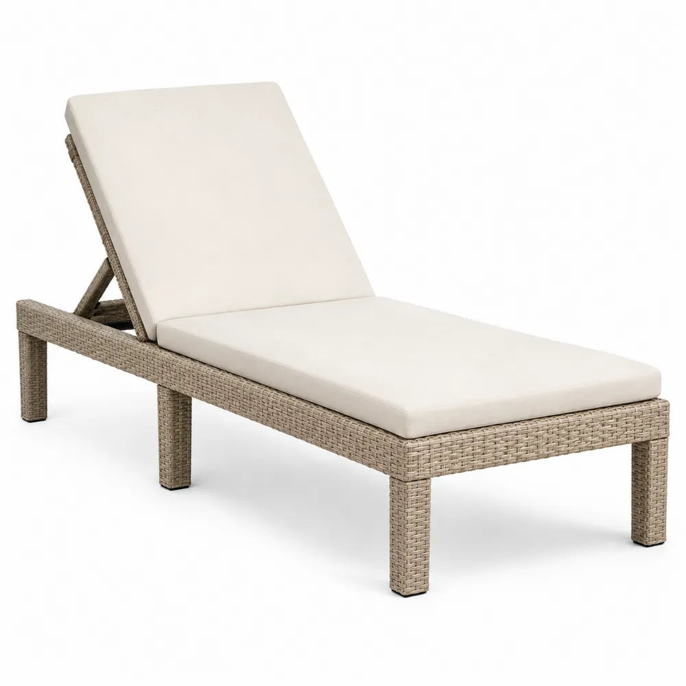 Chaise longue en rotin synthétique beige avec coussin blanc, ajustable, 195 cm