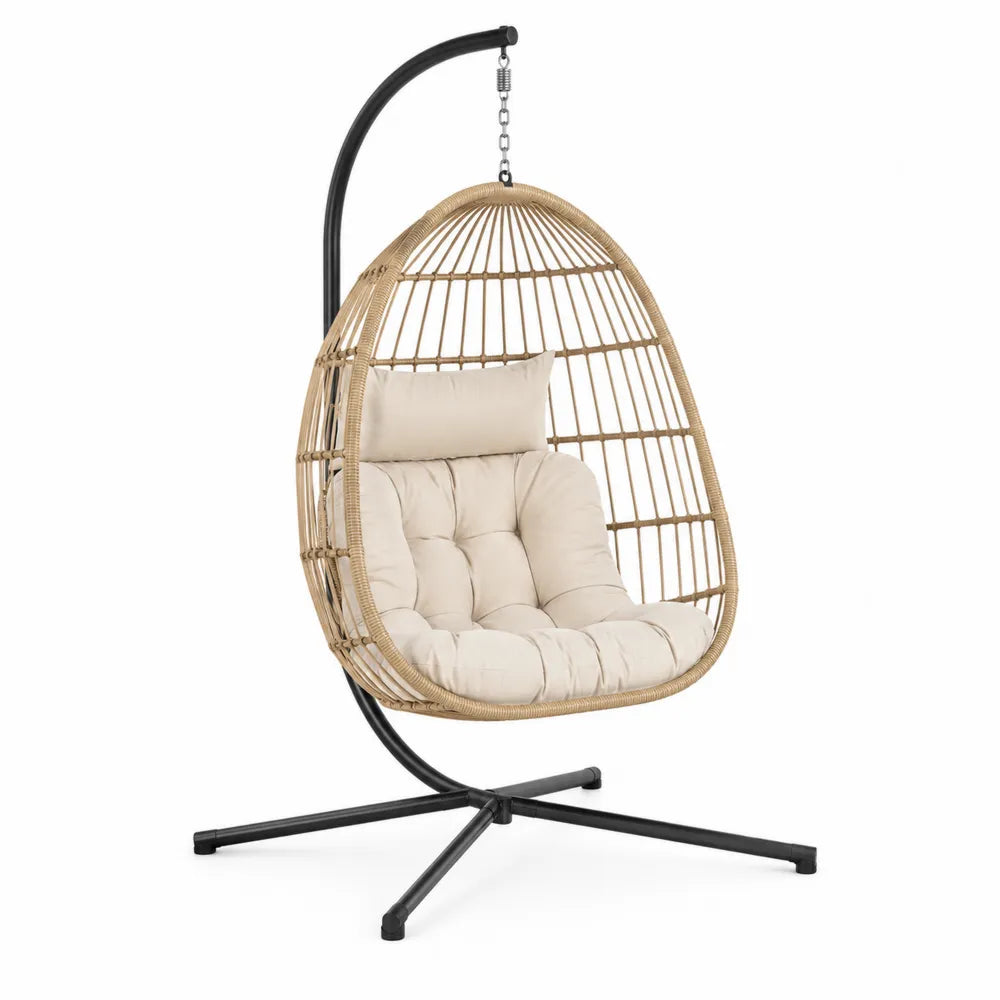 Chaise suspendue en métal et rotin beige avec coussin polyester