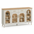 Buffet en bois avec portes vitrées et étagères, blanc et chêne, 160 cm