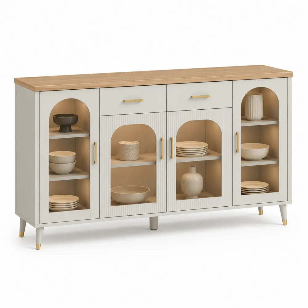 Buffet en bois avec portes vitrées et étagères, blanc et chêne, 160 cm