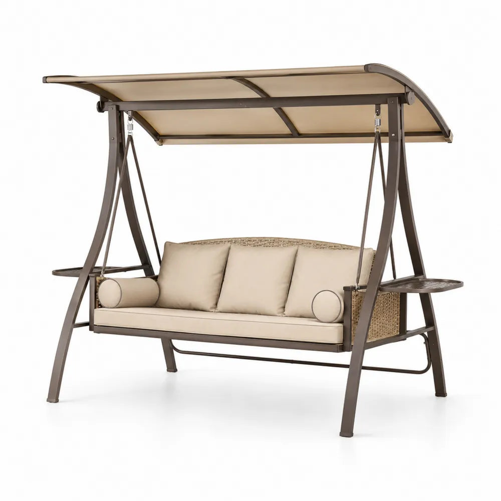 Balancelle en métal brun avec coussins en polyester beige