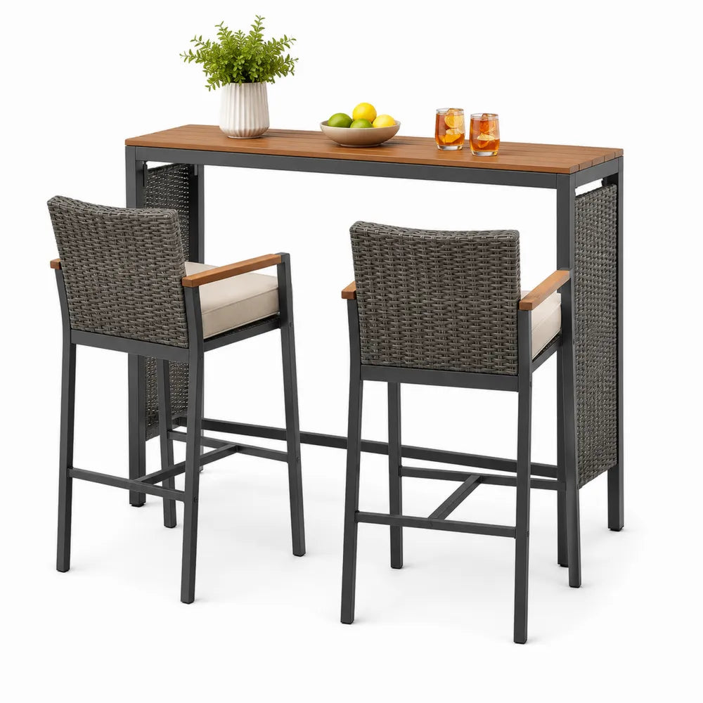 Ensemble de Bar en Métal et Rotin avec Plateau en Bois 140 cm
