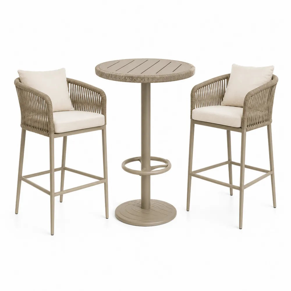 Ensemble de bar en métal avec table haute et 2 chaises en aluminium et corde beige