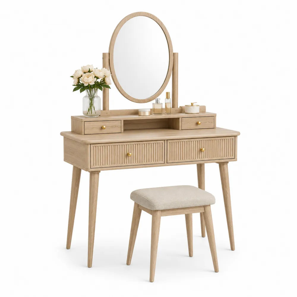Coiffeuse en Bois avec Miroir Ovale et Tabouret Rembourré