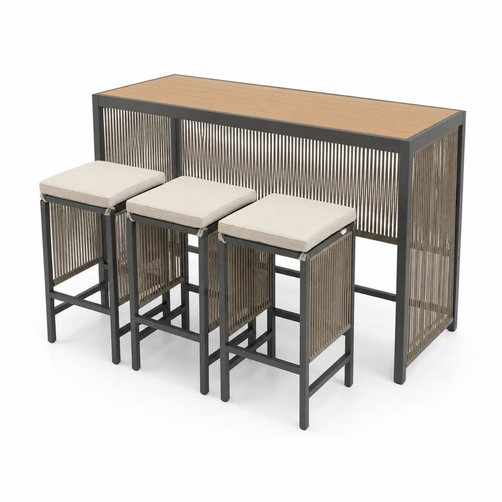 Ensemble de bar en aluminium et bois avec tabourets en corde, beige et gris