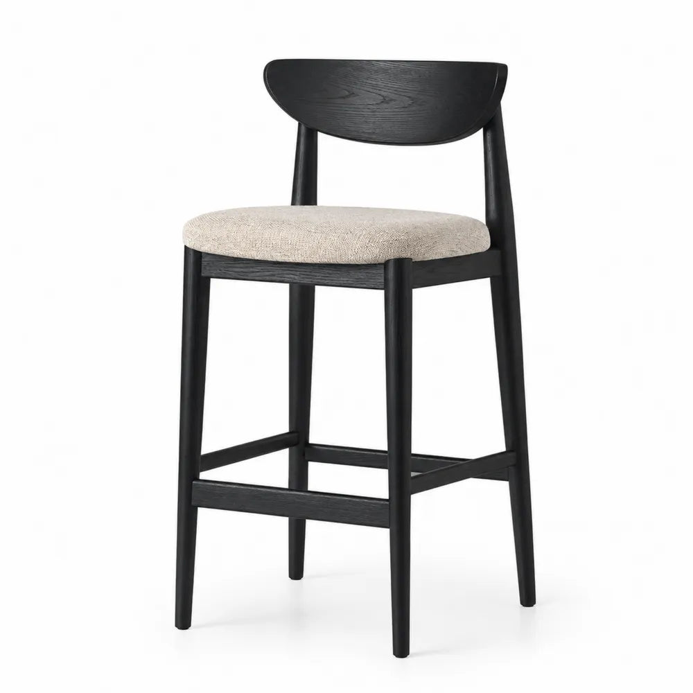 Tabouret de bar en bois noir et tissu polyester beige 75 cm