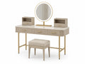 Coiffeuse en bois MDF beige et métal avec miroir rond et tabouret