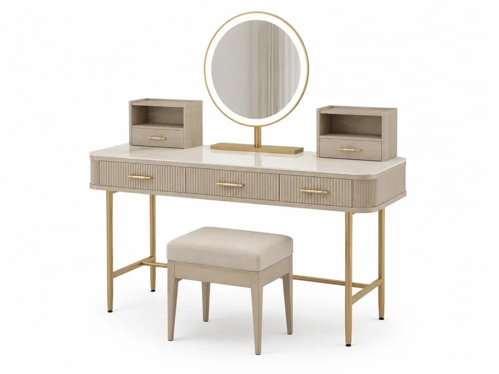 Coiffeuse en bois MDF beige et métal avec miroir rond et tabouret