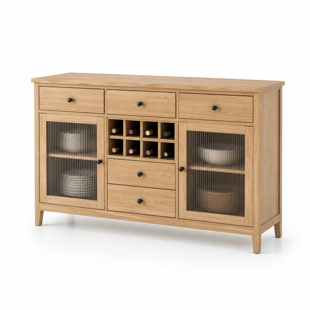 Buffet en chêne clair avec verre cannelé et rangement pour bouteilles
