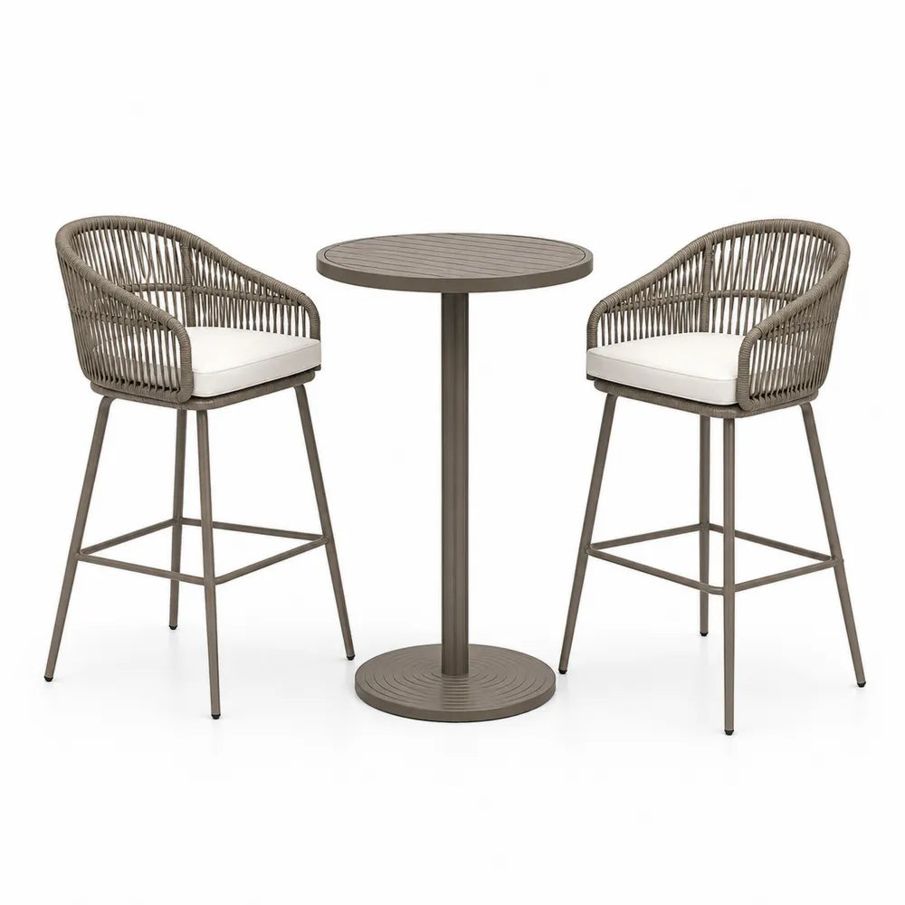 Ensemble de bar d'extérieur en métal et corde avec deux chaises et table ronde marron