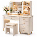 Coiffeuse en bois MDF avec miroir LED et tabouret en cuir synthétique blanc et or