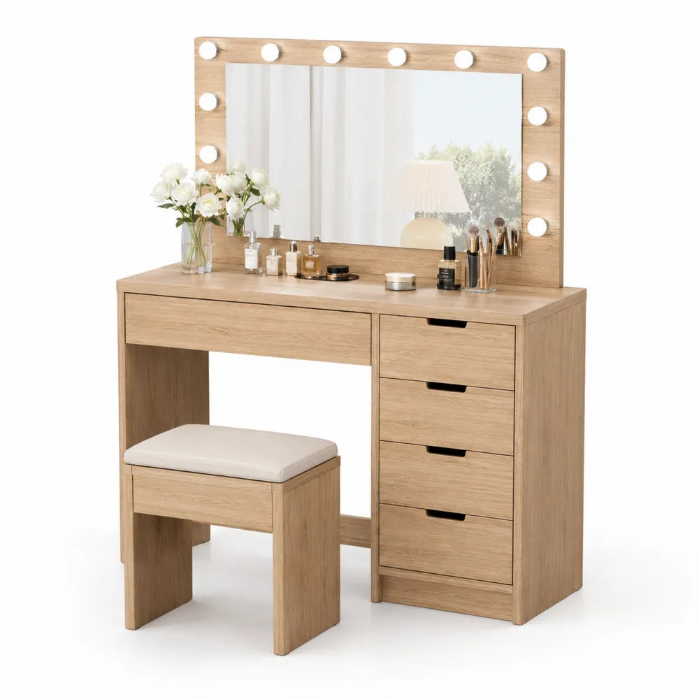 Coiffeuse en bois avec miroir éclairé et tabouret