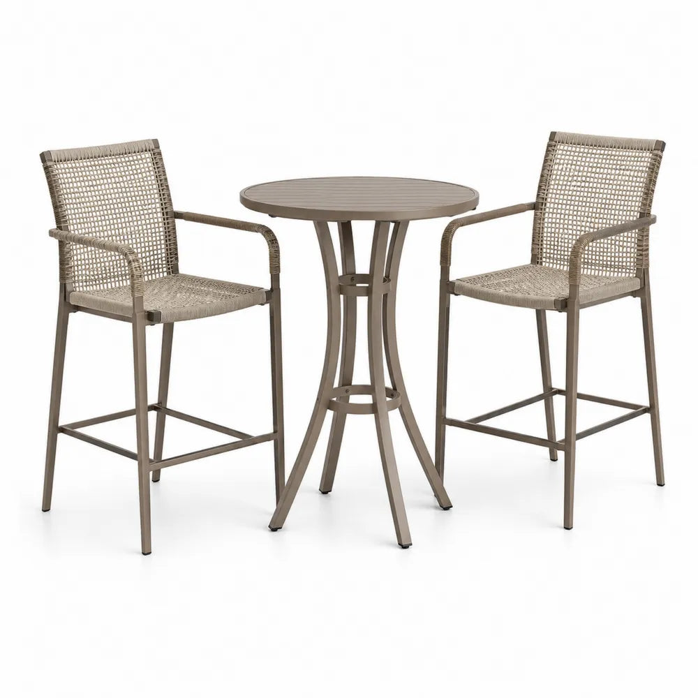 Ensemble de bar extérieur en métal et résine tressée, table haute ronde et 2 chaises